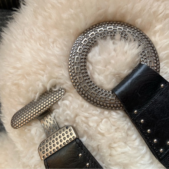 Black Belt Genuine Leather And Linen Stretch Silver Accents Women’s Size M/L - Picture 7 of 15